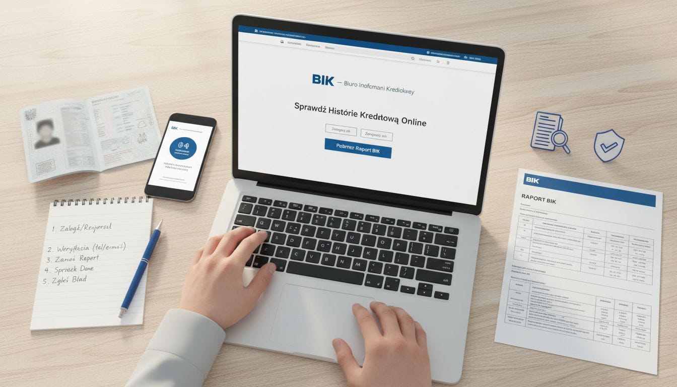 Na biurku leży laptop, na którego ekranie widoczna jest strona internetowa „Sprawdzenie Historii W Bik”. Obok znajdują się notatnik, długopis, smartfon, otwarty paszport, wydrukowany raport z napisem „Pobrać Raport” oraz filiżanka kawy. Otoczenie sprawia wrażenie uporządkowanego i nastawionego na pracę.