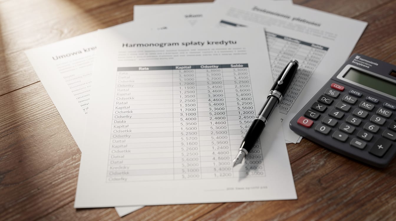 Na drewnianym stole, obok czarnego długopisu i czarnego kalkulatora, leżą zbliżone ujęcia dokumentów dotyczących spłaty kredytu w języku polskim, zawierające szczegółowe informacje o ratach i odsetkach, a promienie słońca rzucają cienie na kartki.