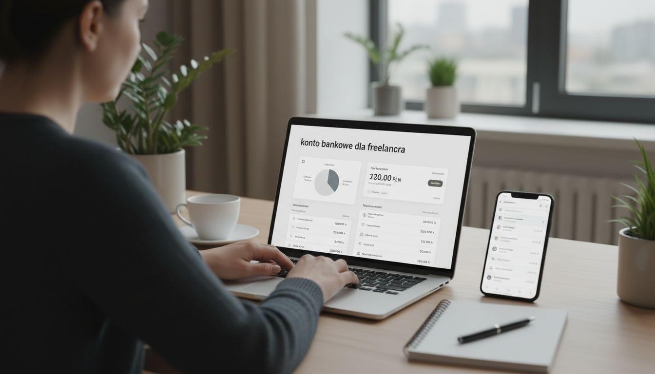 Osoba korzysta z laptopa, na którego ekranie wyświetla się panel bankowy w języku polskim, zawierający wykresy i szczegóły konta — idealne jako najlepsze konto dla freelancera. W pobliżu leżą smartfon z podobnym ekranem, notatnik, długopis oraz rośliny doniczkowe przy oknie.