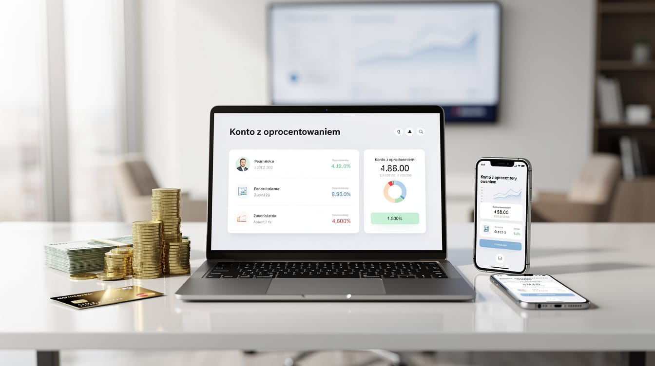 Na biurku leżą laptop, smartfon i karta kredytowa, a na ekranie wyświetlane są dane finansowe w języku polskim. Obok laptopa znajdują się stosy monet, przedstawiające najlepsze opcje kont oprocentowanych. W tle widać nowoczesne biuro z rozmazanym monitorem, na którym wyświetlany jest wykres.