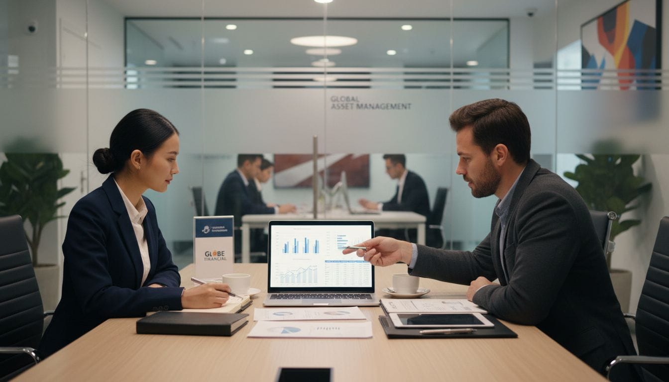 Dwóch biznesmenów siedzi przy stole konferencyjnym i omawia wykresy finansowe oraz strategie negocjacyjne na laptopie. Wokół rozłożone są dokumenty, a w tle, za szybą, widać dwóch współpracowników – być może udzielających porad negocjacyjnych.