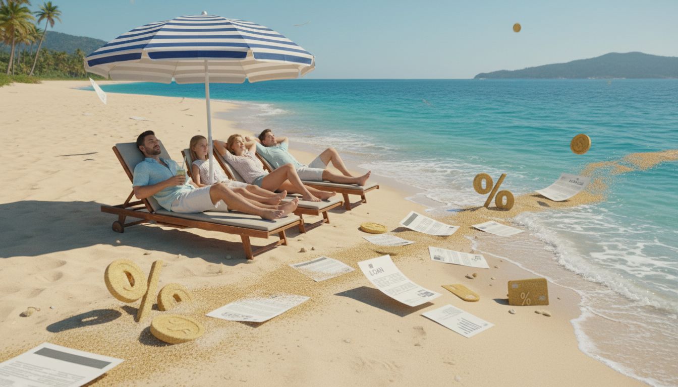 Cztery osoby odpoczywają na leżakach pod parasolem w paski na piaszczystej plaży, ciesząc się wakacjami kredytowymi. Wokół nich unoszą się ogromne monety, znaki procentowe, kartki papieru i karta kredytowa, a morze i góry tworzą malownicze tło.