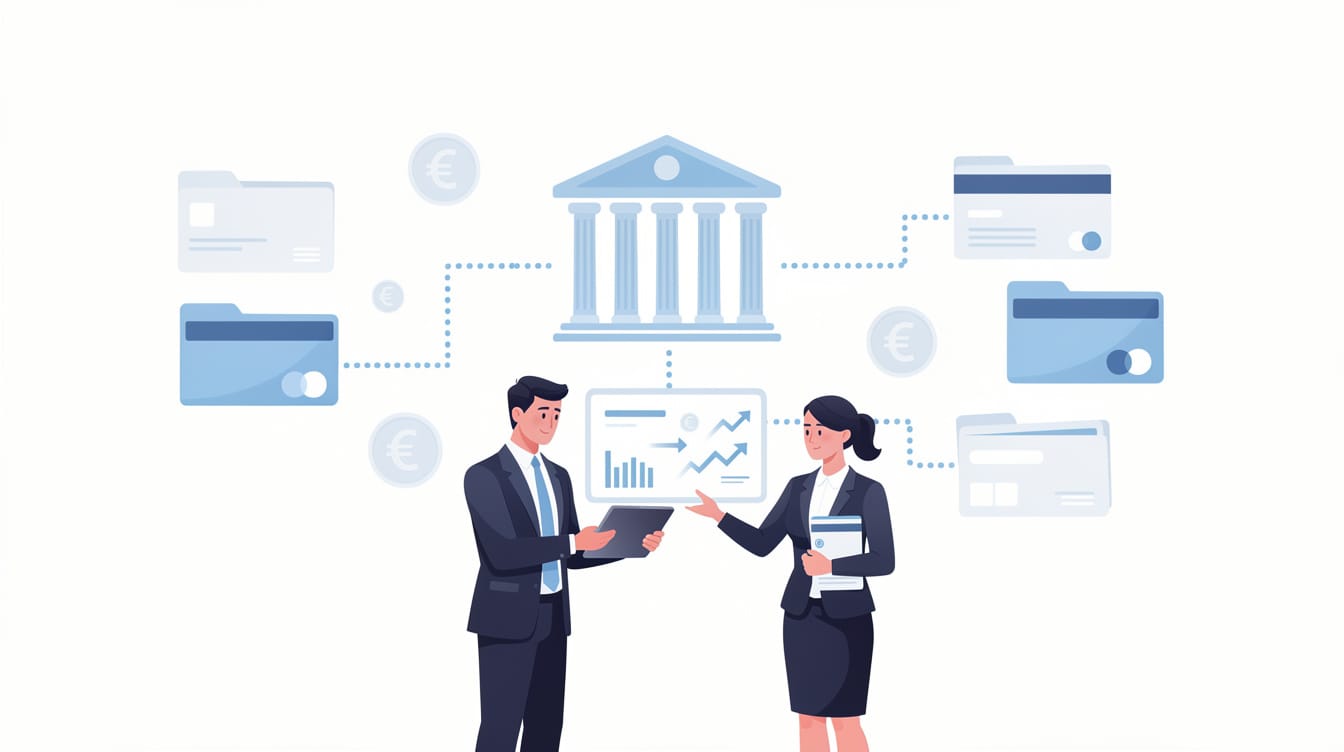 Dwóch biznesmenów w garniturach omawia dane finansowe na tablecie. W tle widoczne są wykresy, teczki, karty bankowe oraz ikona budynku banku, symbolizujące sektor bankowy i analizę finansową. Rozmowa dotyczy ważnych kwestii, takich jak koszty przelewów firmowych oraz ich wpływ na ogólne wydatki przedsiębiorstwa.